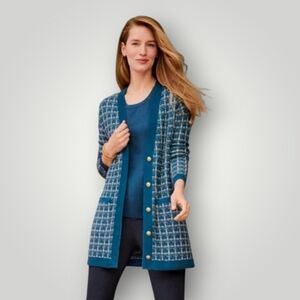 Talbots Plus 2X Navy Merino Wool Cardigan Gold Buttons Patch Pockets New $199